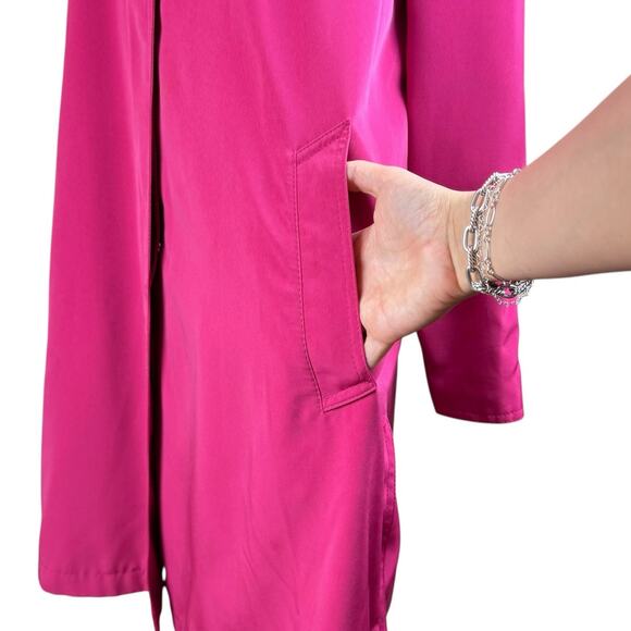 Gallery Pink Hood Button Closure Padded Shoulder Lined Long Rain Jacket Pockets - Picture 8 of 13